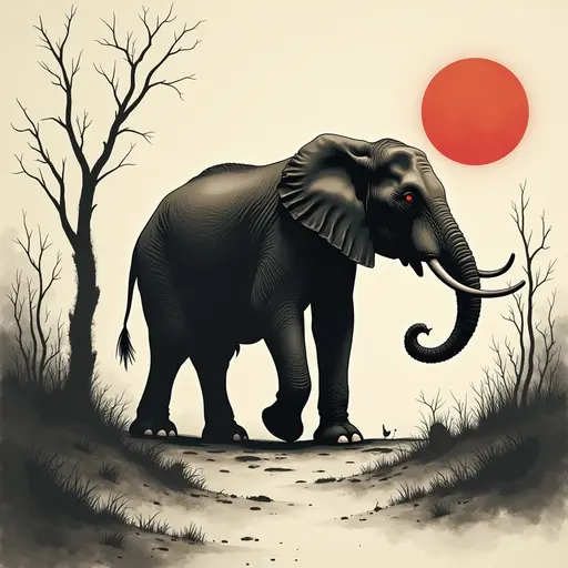 Minimalist ink, survival horror, prowling Elephant