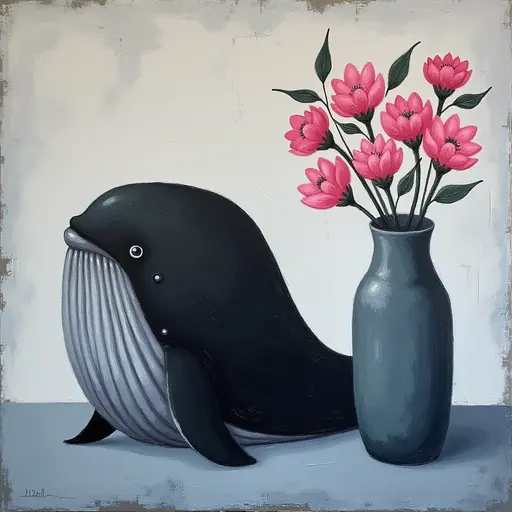 Abstract textured painting of a black Whale sitting next to a vase with pink flowers, in the style of Ann Froud and Paulina P., against a gray background.