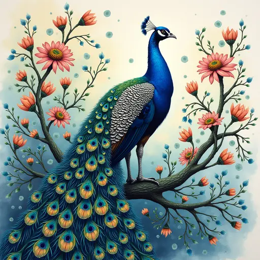 A pointillism style painting of a Peacock