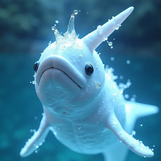 a hyper realistic image in 4K of albino Narwhal that looks wears a second skin made of liquid metal shiney glass on her face that shines in neon transparent like glue, similar to an instagram filter