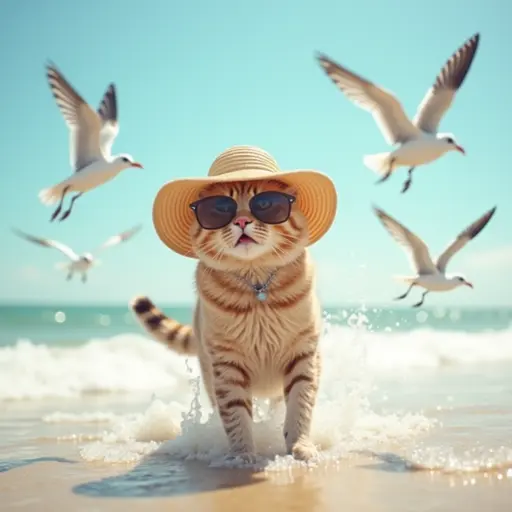 A Manx cat in a whimsical sun hat, frolicking in the waves while chasing after seagulls on a bright sunny beach