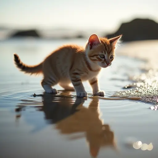 A curious Devons Rex cat exploring a tide pool, its tiny feet splashing in the water while the sun sparkles on the surface.