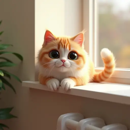 Cute looking colorful Persian Cat with big cute eyes, lounging on the windowsill - 3d 8k hyper real octane render blender