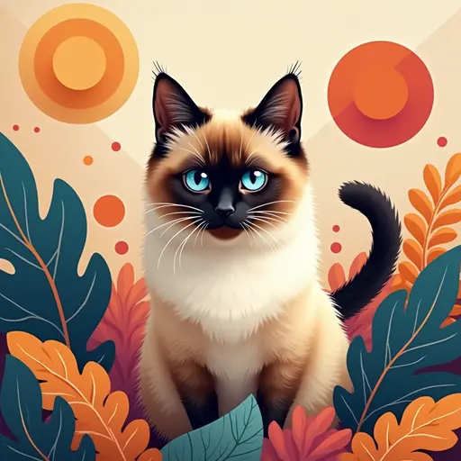 A Balinese cat in a modern abstract art background, surrounded by colorful geometric shapes.