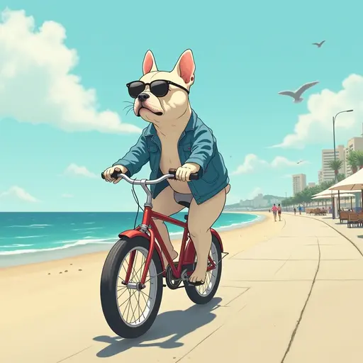 A cat(French Bulldog) wearing a denim jacket and sunglasses, riding a bicycle along the beach promenade, with the ocean breeze blowing, in the style of Miyazaki