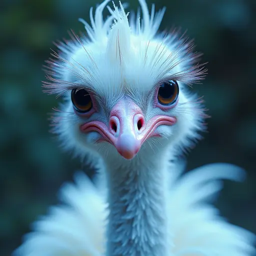 a hyper realistic image in 4K of albino Ostrich that looks wears a second skin made of liquid metal shiney glass on her face that shines in neon transparent like glue, similar to an instagram filter