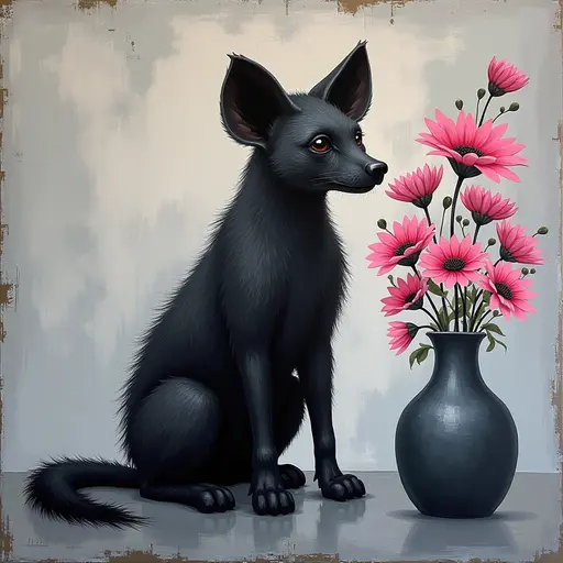 Abstract textured painting of a black Hyena sitting next to a vase with pink flowers, in the style of Ann Froud and Paulina P., against a gray background.