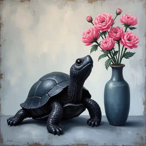 Abstract textured painting of a black Turtle sitting next to a vase with pink flowers, in the style of Ann Froud and Paulina P., against a gray background.