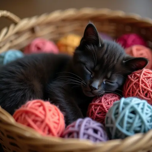 A small black kitten sleeping soundly in a basket filled with colorful yarn balls, with one yarn ball resting on its head.