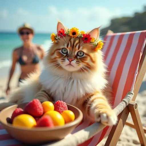 A fluffy Maine Coon cat wearing a flower crown, lounging on a beach chair with a bowl of fresh fruit, surrounded by cheerful beachgoers.