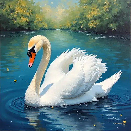 A pointillism style painting of a Swan