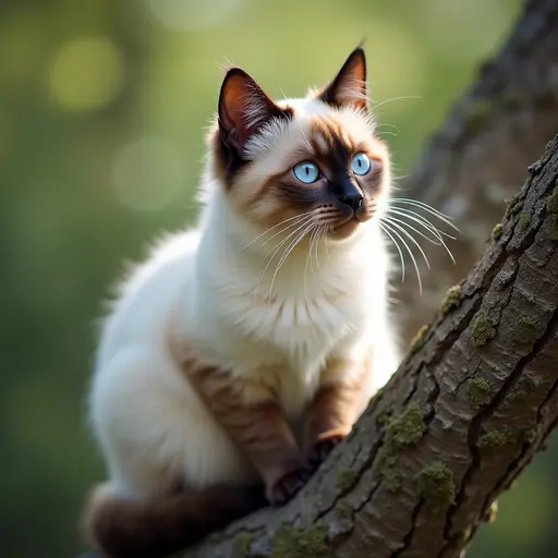 A charming Birman cat, with its striking blue eyes, sitting gracefully at the top of a tree, looking down with a serene expression as it enjoys the view.