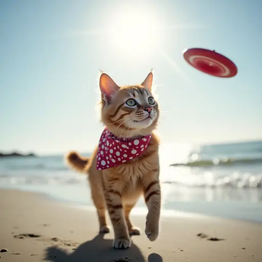 An Abyssinian cat wearing a bandana, playing fetch with a frisbee on the shoreline, the sun shining brightly in the clear sky