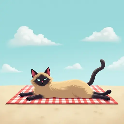 A Balinese cat lounging on a beach towel, enjoying a day of sunbathing and watching the clouds drift by on a perfect beach day