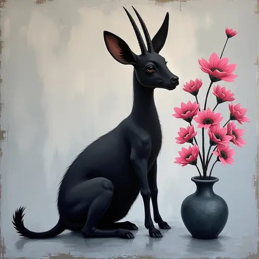 Abstract textured painting of a black Saola sitting next to a vase with pink flowers, in the style of Ann Froud and Paulina P., against a gray background.