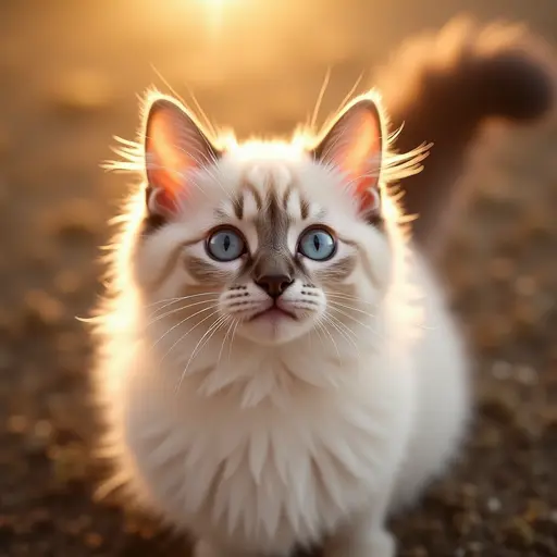 A cute Ragdoll cat viewed from a top-down angle, with warm sunlight in the background, soft fur, bright sparkling eyes, and a gentle expression.