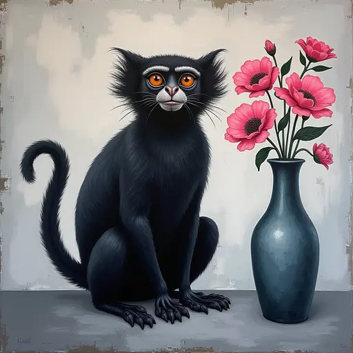 Abstract textured painting of a black Tamarin sitting next to a vase with pink flowers, in the style of Ann Froud and Paulina P., against a gray background.