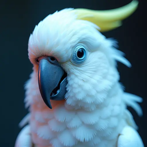 a hyper realistic image in 4K of albino Parrot that looks wears a second skin made of liquid metal shiney glass on her face that shines in neon transparent like glue, similar to an instagram filter