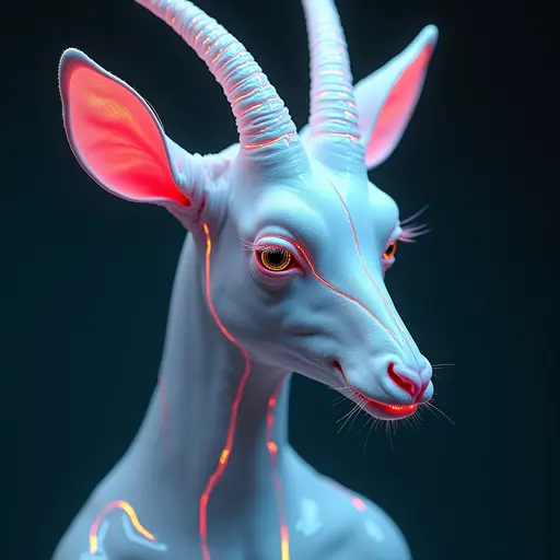 a hyper realistic image in 4K of albino Okapi that looks wears a second skin made of liquid metal shiney glass on her face that shines in neon transparent like glue, similar to an instagram filter