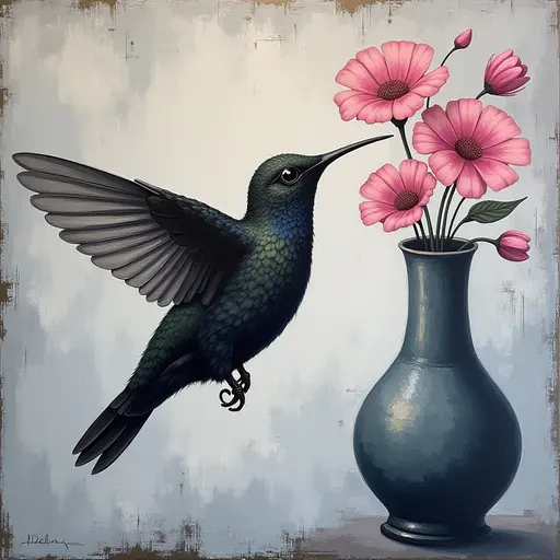 Abstract textured painting of a black Hummingbird sitting next to a vase with pink flowers, in the style of Ann Froud and Paulina P., against a gray background.