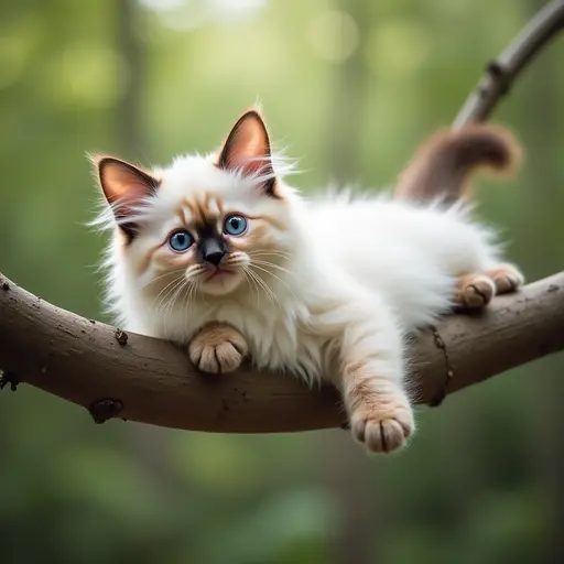 A playful Ragdoll cat sprawled out on a branch, its soft fur tousled by the breeze, staring down with bright blue eyes as it spots a camera pointing up.