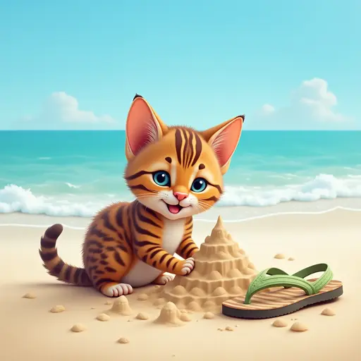 A Bengal cat with a pair of flip-flops, digging in the sand and building a sandcastle on a vibrant beach with clear blue skies