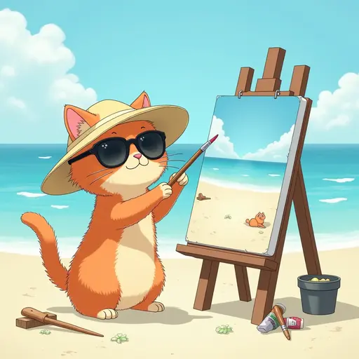 A cat in a sun hat and sunglasses, painting a canvas of the beach scene, with easels and art supplies scattered around, in the style of Miyazaki.