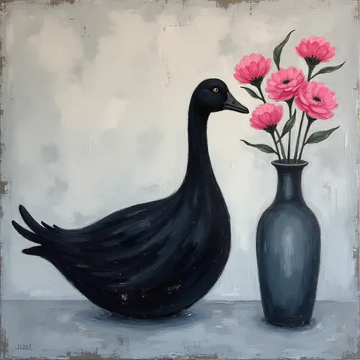 Abstract textured painting of a black Goose sitting next to a vase with pink flowers, in the style of Ann Froud and Paulina P., against a gray background.