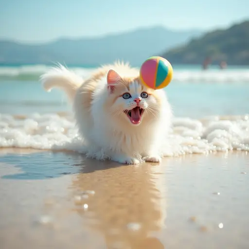 A Turkish Van cat playing with a beach ball in the shallow water, splashing around happily on a sunny beach