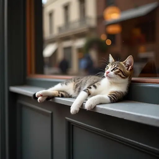 A kitten lazily lounges on the windowsill of a café, enjoying the attention of passersby, as if showcasing its elegance.