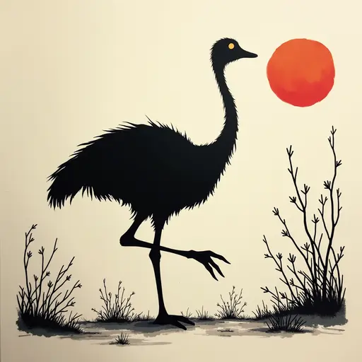 Minimalist ink, survival horror, prowling Ostrich