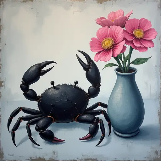 Abstract textured painting of a black Crab sitting next to a vase with pink flowers, in the style of Ann Froud and Paulina P., against a gray background.