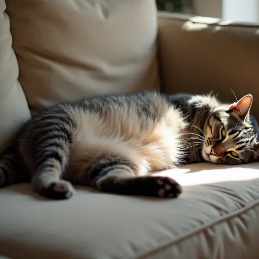 A grey tabby cat sprawled out on a plush couch, with its belly exposed, basking in the warm afternoon light.