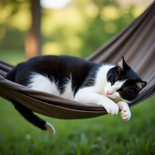 A sleepy black and white cat lounging on a hammock in the backyard, swaying gently in the breeze.