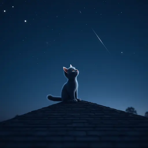 Under the starry sky, a gray kitten sits on the edge of the rooftop, gazing up with bright eyes, curiously observing the stars twinkling above - 3d 8k hyper real octane render blender