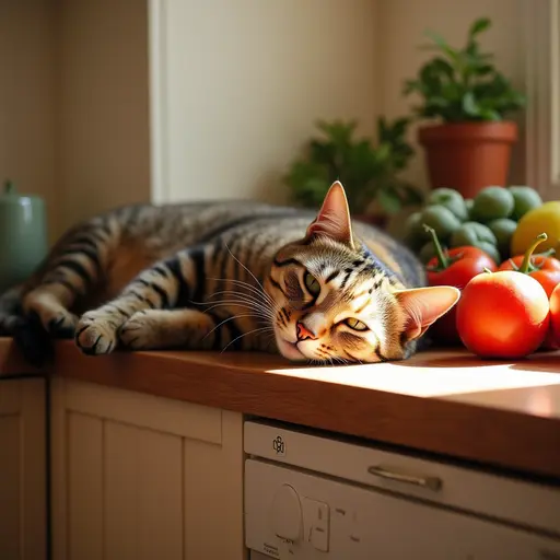 A tabby cat sprawled out on a warm kitchen counter, surrounded by fresh fruits and vegetables, looking utterly content.