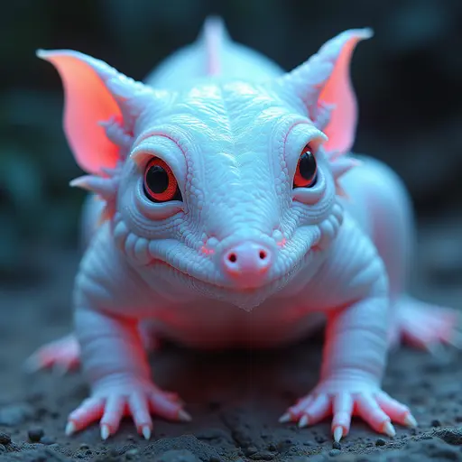 a hyper realistic image in 4K of albino Armadillo that looks wears a second skin made of liquid metal shiney glass on her face that shines in neon transparent like glue, similar to an instagram filter