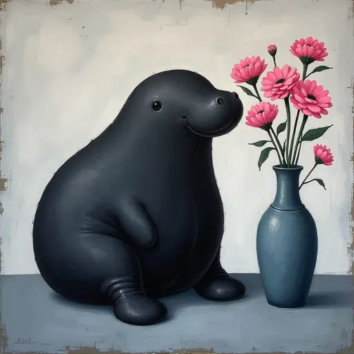 Abstract textured painting of a black Dugong sitting next to a vase with pink flowers, in the style of Ann Froud and Paulina P., against a gray background.