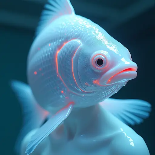 a hyper realistic image in 4K of albino Salmon that looks wears a second skin made of liquid metal shiney glass on her face that shines in neon transparent like glue, similar to an instagram filter