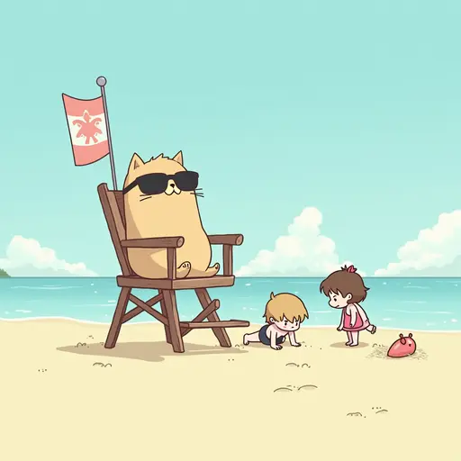 A cat in a lifeguard chair with a whistle and sunglasses, watching over beachgoers, with children playing in the sand, in the style of Miyazaki.