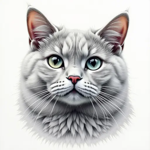 cat (Russian Blue) face, fat, colored pencil drawing