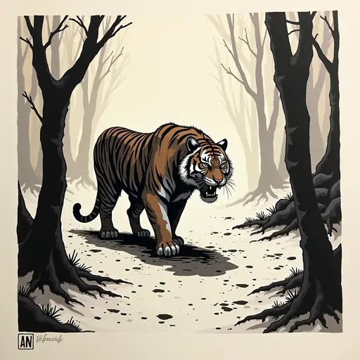 Minimalist ink, survival horror, prowling Tiger