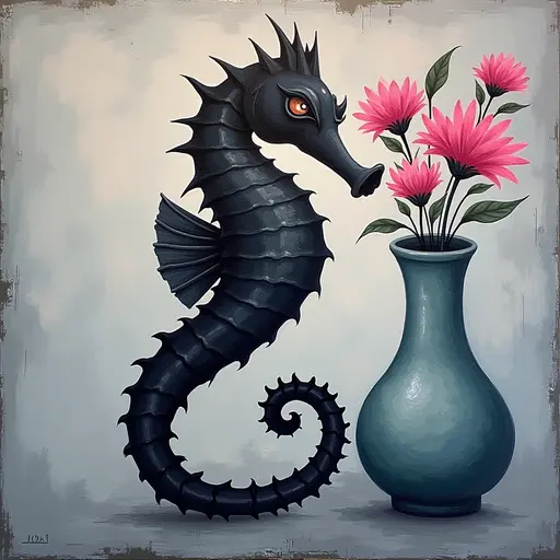 Abstract textured painting of a black Seahorse sitting next to a vase with pink flowers, in the style of Ann Froud and Paulina P., against a gray background.