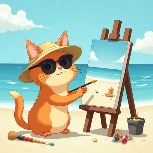 A cat(Abyssinian Cat) in a sun hat and sunglasses, painting a canvas of the beach scene, with easels and art supplies scattered around, in the style of Miyazaki.