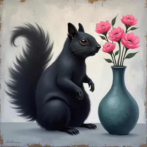 Abstract textured painting of a black Squirrel sitting next to a vase with pink flowers, in the style of Ann Froud and Paulina P., against a gray background.