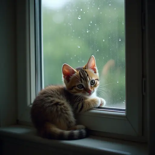 Outside, it's raining, while the kitten curls up by the window, watching raindrops slide down, its eyes reflecting tranquility and thought.