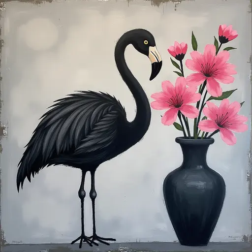 Abstract textured painting of a black Flamingo sitting next to a vase with pink flowers, in the style of Ann Froud and Paulina P., against a gray background.