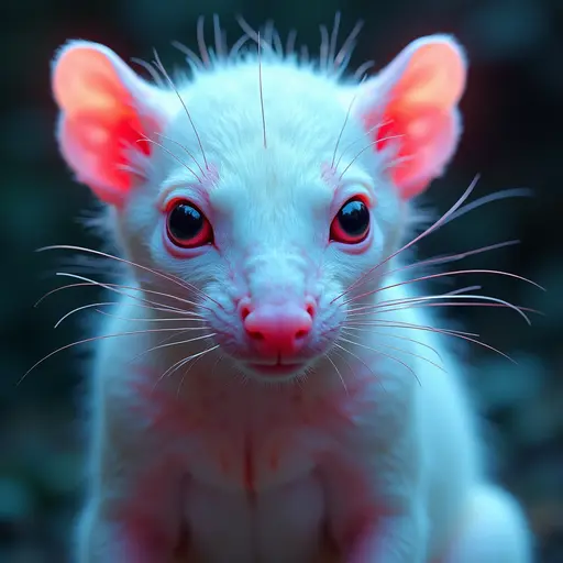 a hyper realistic image in 4K of albino Tasmanian Devil that looks wears a second skin made of liquid metal shiney glass on her face that shines in neon transparent like glue, similar to an instagram filter