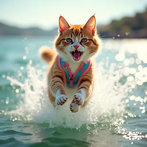 An energetic Turkish Van cat in a colorful swimsuit, jumping through the waves with a big splash, with the sun sparkling on the water.