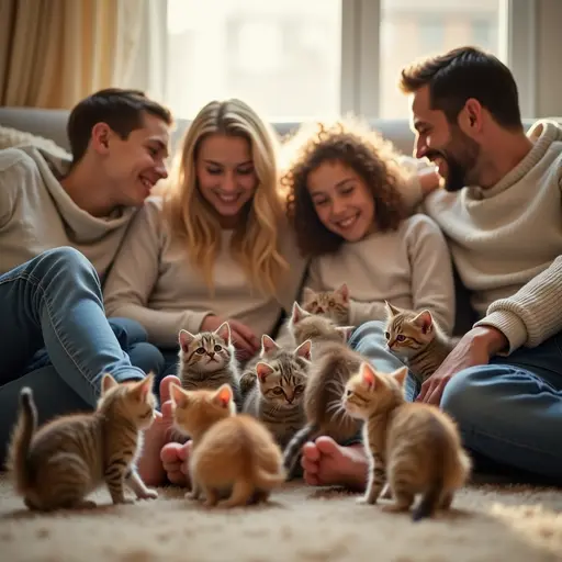 A family is gathered on the sofa, with several kittens playing around their feet, creating a heartwarming atmosphere that feels incredibly happy.